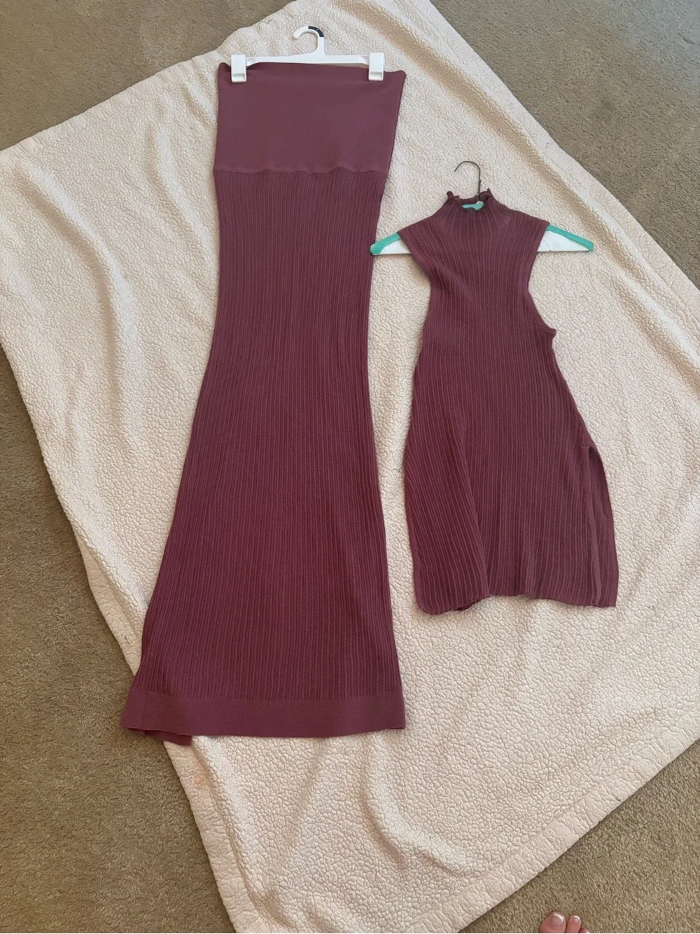 SKIMS Ribbed Two-Piece Skirt Set in Deep Mauve